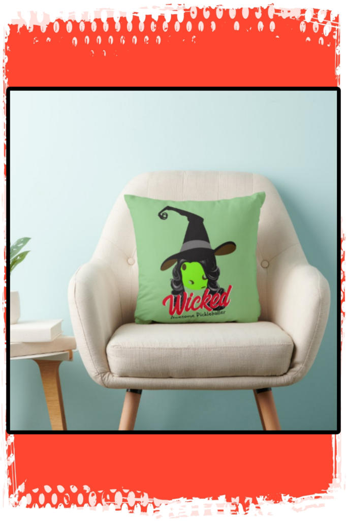 Wicked Awesome Green Pickleball Witch Halloween Throw Pillow pin