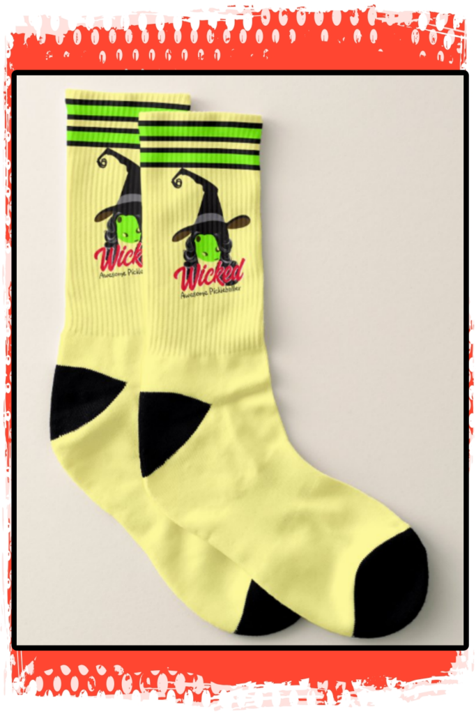 Wicked Awesome Green Pickleball Witch Halloween socks pin