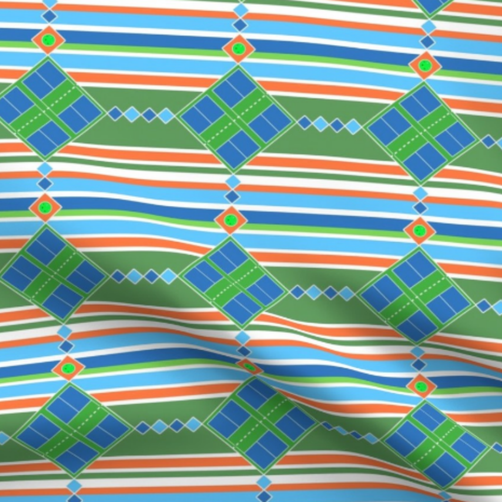 Pickleball Summer Blue, Green, Orange and White Diamonds and Stripes Fabric by green carbon 2112