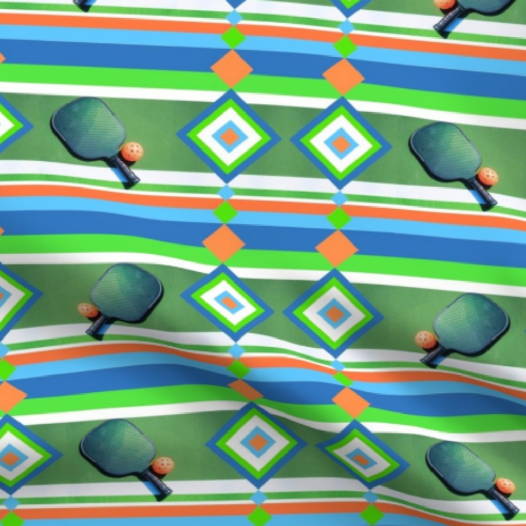 Pickleball Summer Paddles, Pickleballs, Diamonds on Summery Orange, Blue, Green, and White Stripes Fabric by green carbon 2112