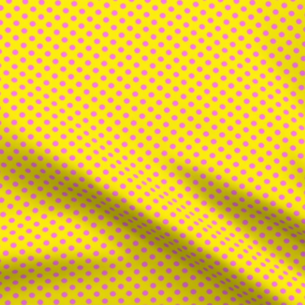 Pink Grapefruit, Pink Polka Dots on Yellow Fabric by green carbon 2112