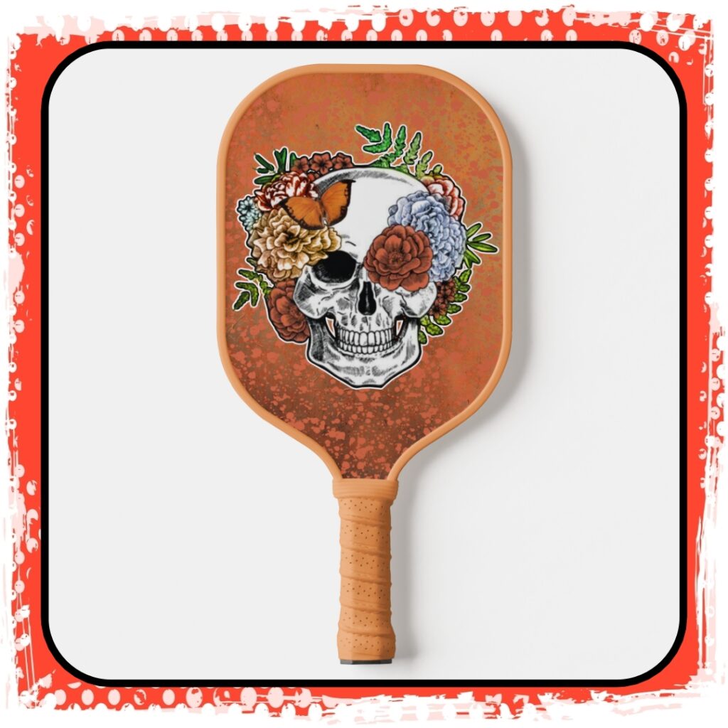 Sugar Skull Art Flowers Butterfly Orange Grunge Pickleball Paddle insta