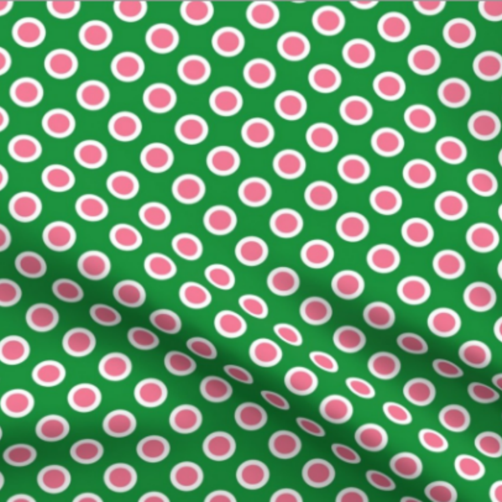 Watermelon, Pink and White Polka Dots on Green Fabric by green carbon 2112