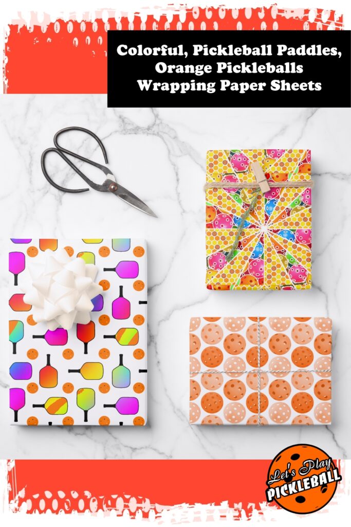 Colorful Pickleball Paddles Orange Pickleballs Wrapping Paper Sheets