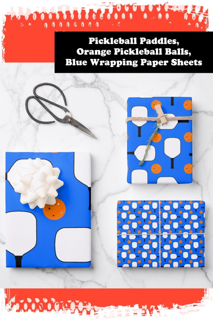 Pickleball Paddles Orange Pickleball Balls Blue Wrapping Paper Sheets