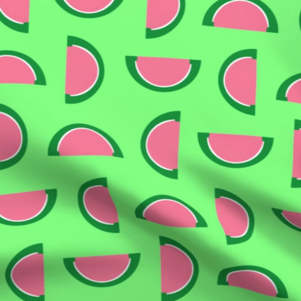 Watermelon Pink and Green Jelly Candy Fruit Slices on Mint Green Fabric