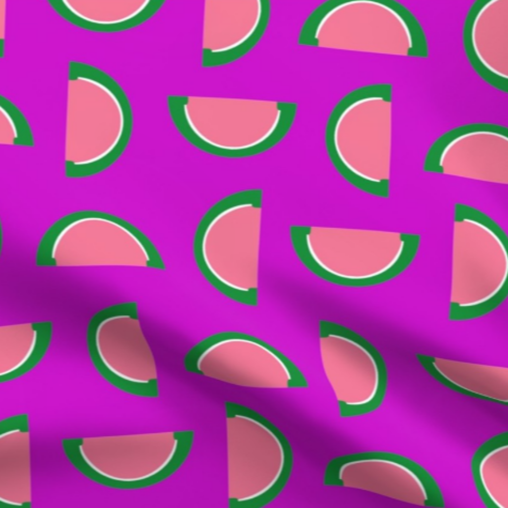 Watermelon Pink and Green Jelly Candy Fruit Slices on Purple Fabric