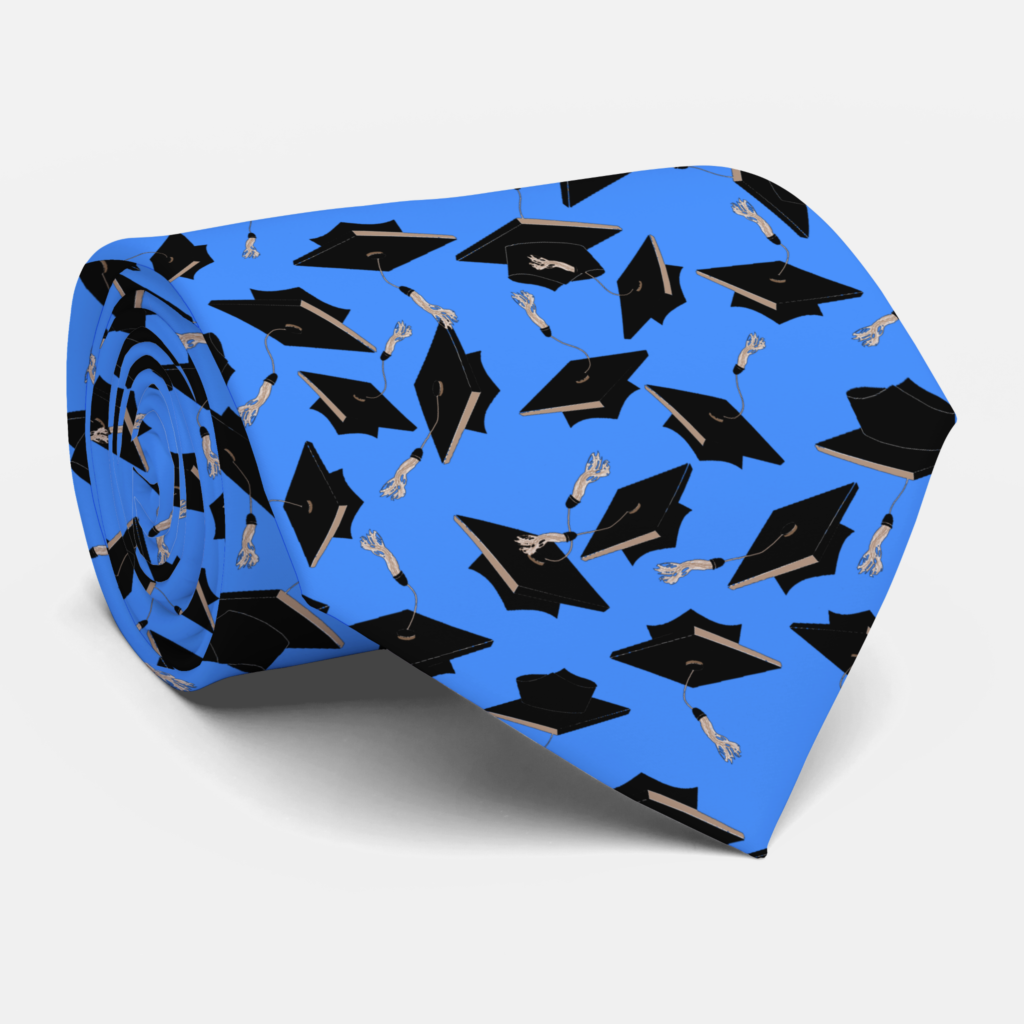 Zazzle Black Graduation Caps Tossed in the Air on Blue Neck Tie (Rolled)