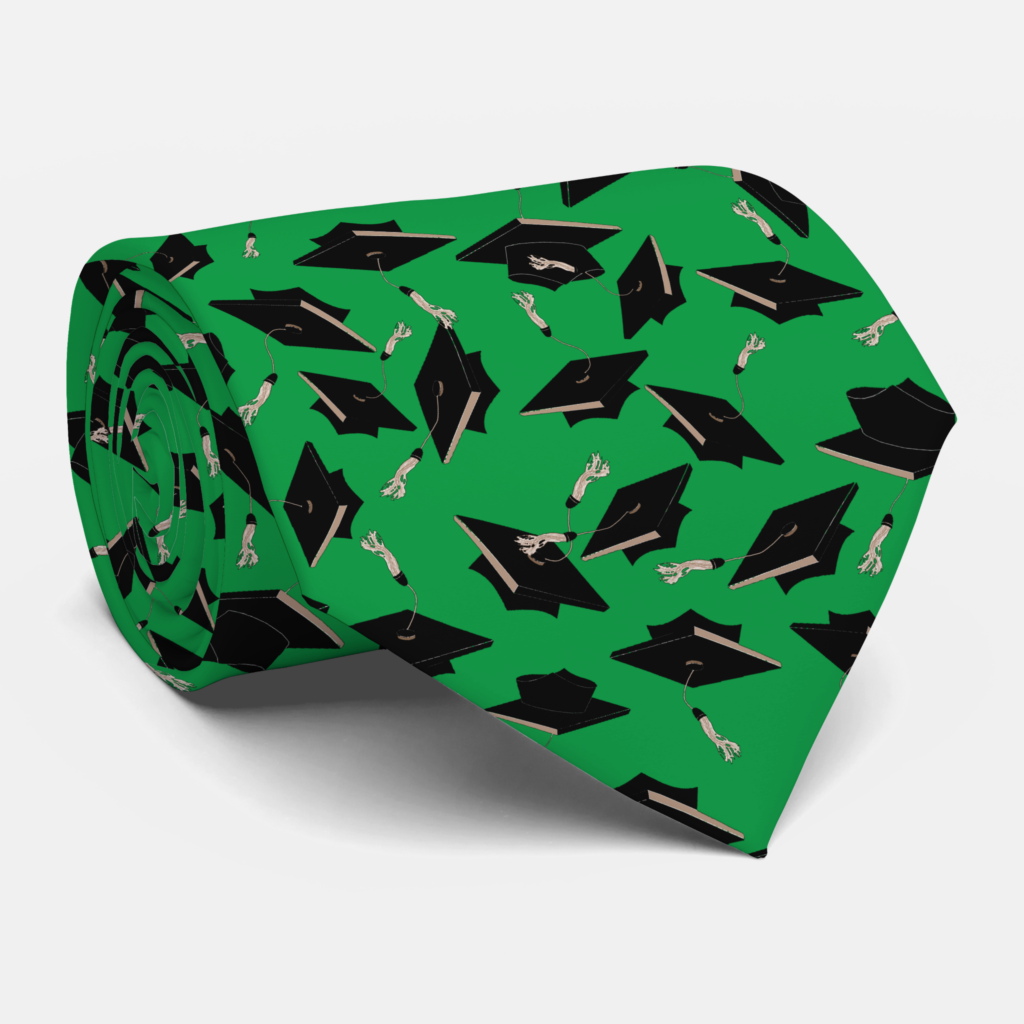 Zazzle Black Graduation Caps Tossed in the Air on Green Neck Tie (Rolled)