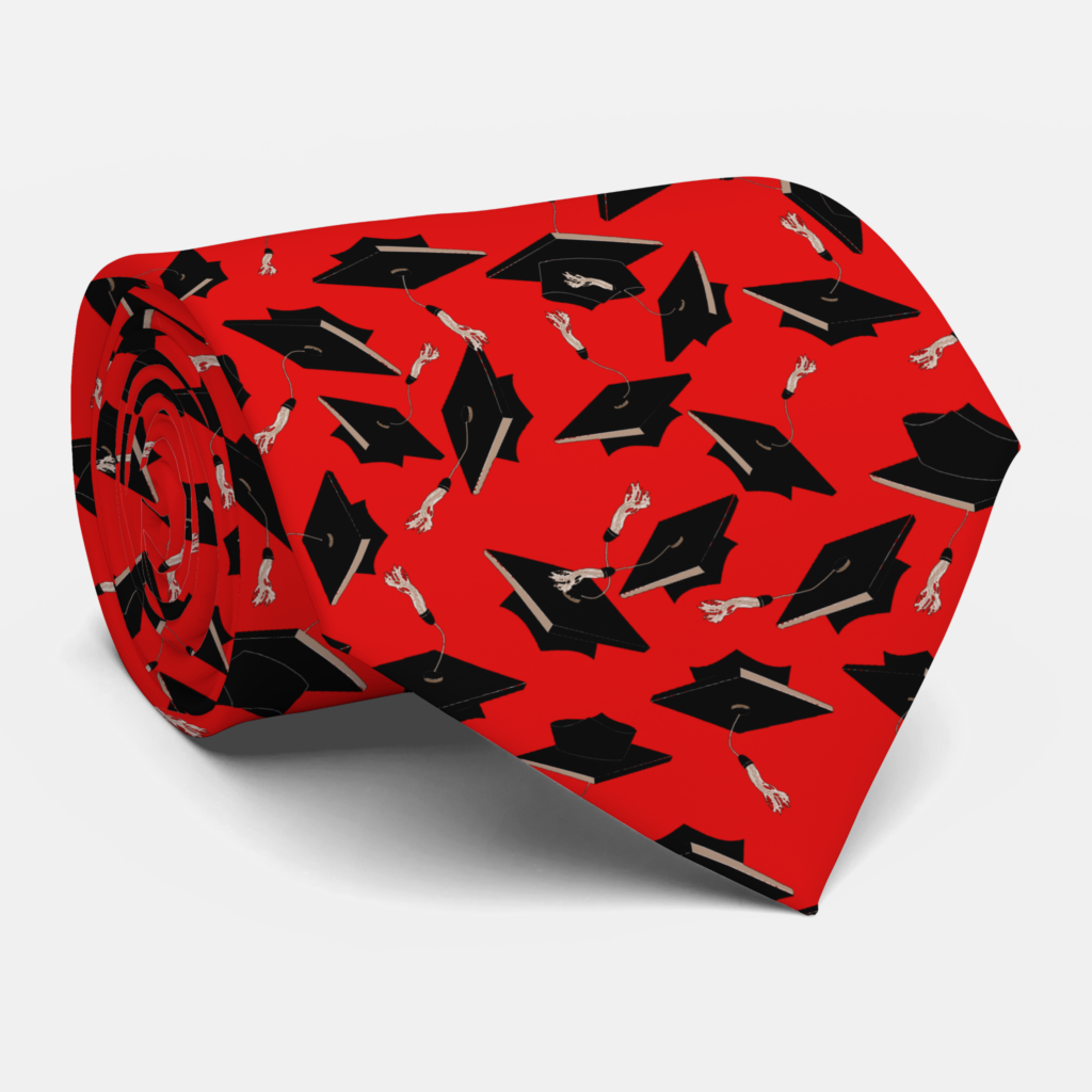 Zazzle Black Graduation Caps Tossed in the Air on Red Neck Tie (Rolled)