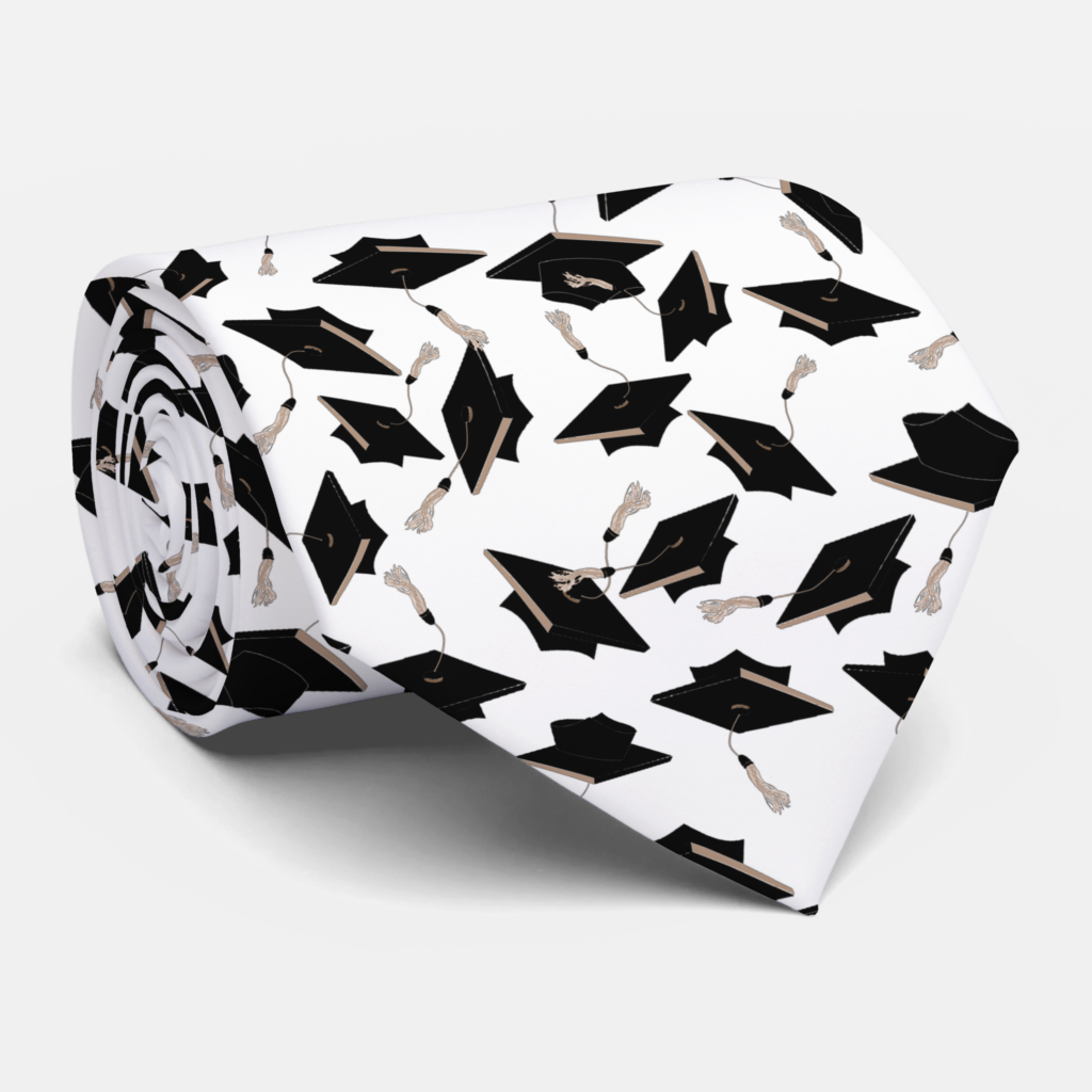 Zazzle Blck Graduation Caps Tossed in the Air on White Neck Tie (Rolled)