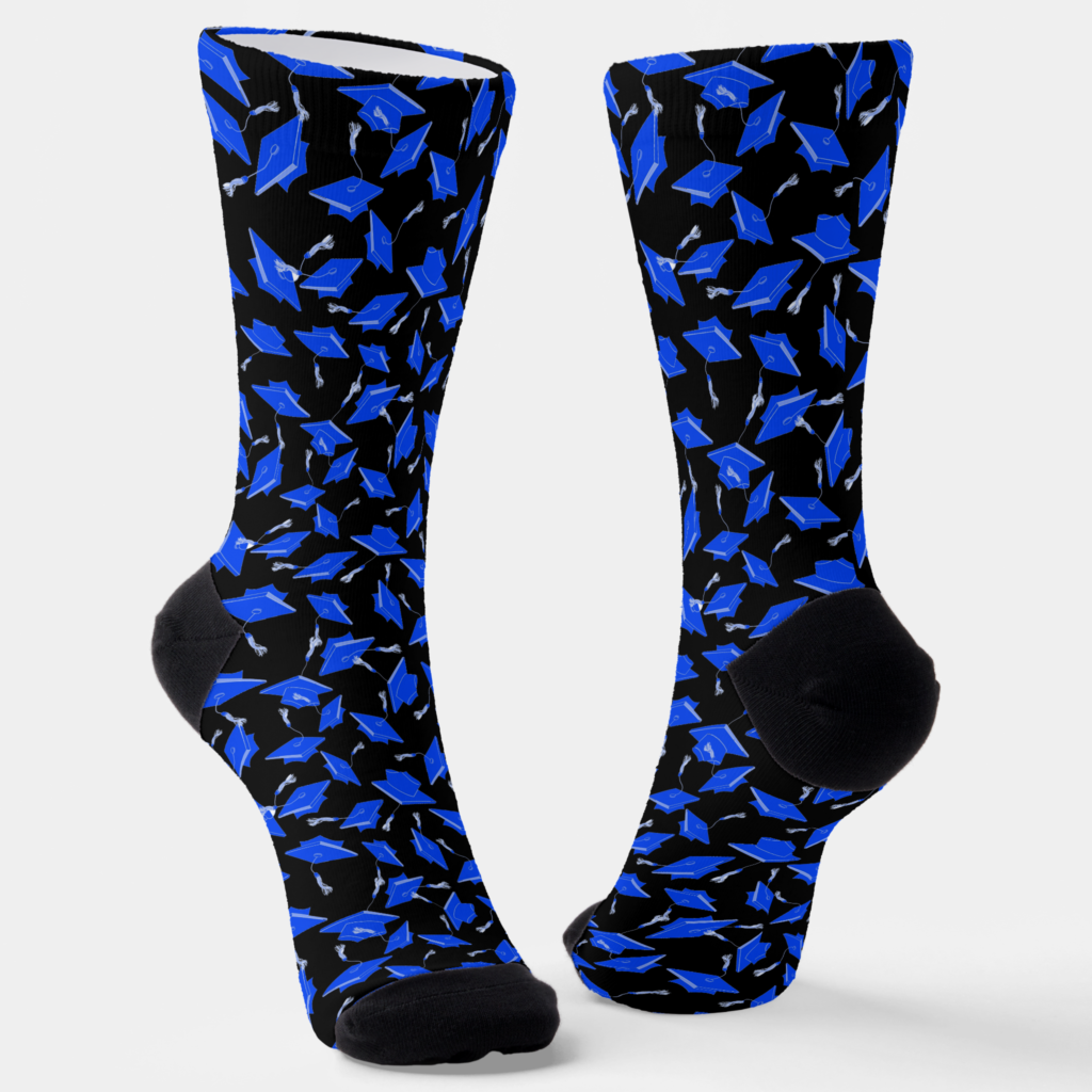 Zazzle Blue Graduation Caps Tossed in the Air on Black Socks (Angled)