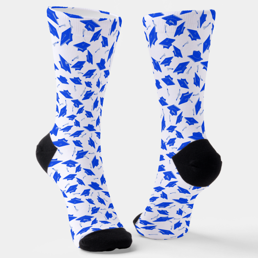 Zazzle Blue Graduation Caps Tossed in the Air on White Socks (Angled)