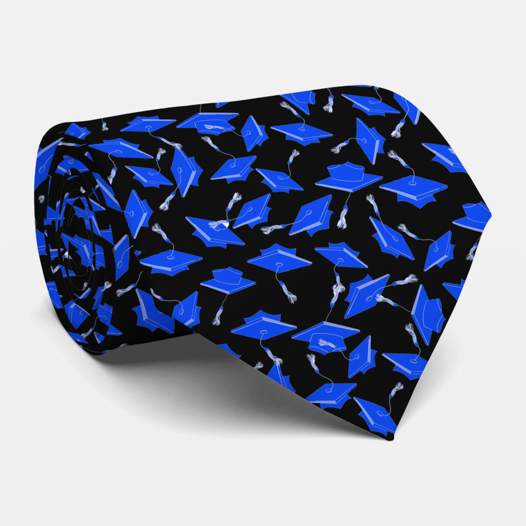 Zazzle Blue and White Graduation Caps Tossed in the Air Neck Tie (Rolled)