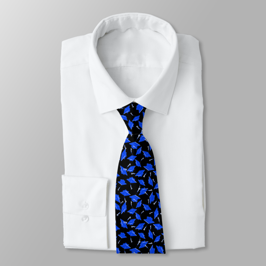 Zazzle Blue and White Graduation Caps Tossed in the Air Neck Tie (Tied)