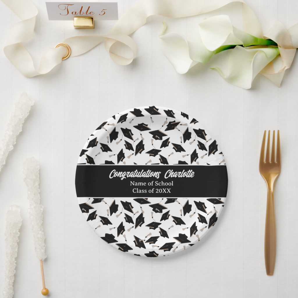 Zazzle Graduation Black White Caps Party Supplies Paper Plates (Wedding)