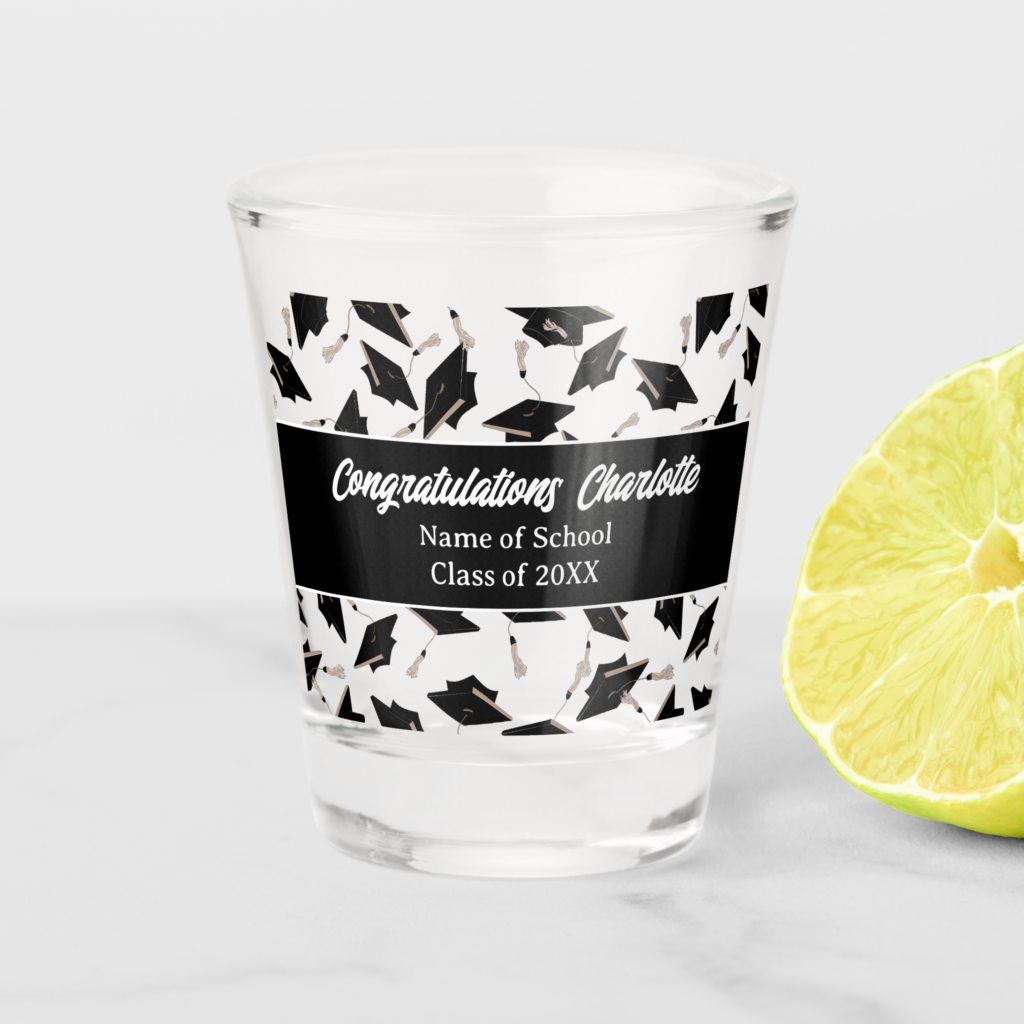 Zazzle Graduation Black White Caps Personalized Shot Glass (Front)