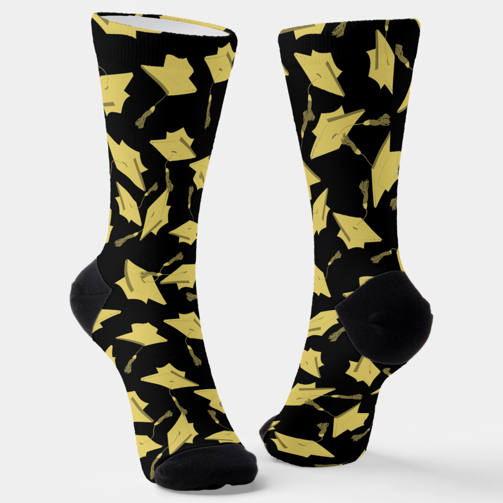 Zazzle Graduation Black and Gold Caps in the Air Socks (Angled)