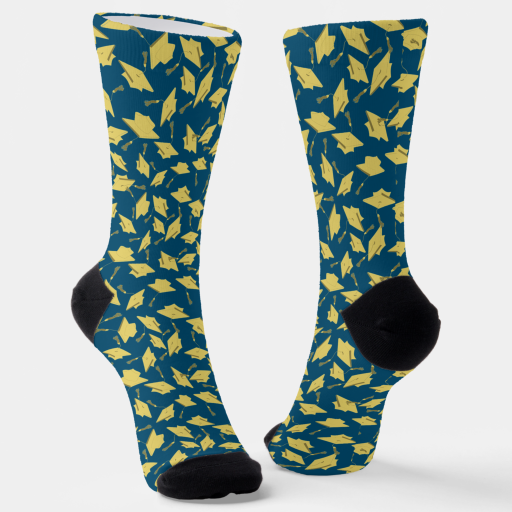 Zazzle Graduation Blue and Gold Caps in the Air Socks (Angled)