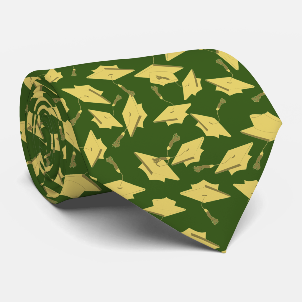 Zazzle Graduation Green and Gold Caps in the Air Neck Tie (Rolled)