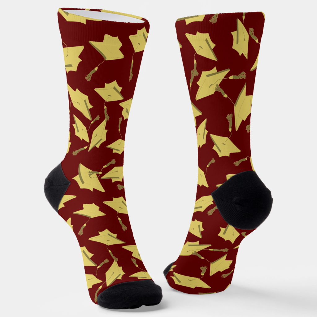 Zazzle Graduation Maroon and Gold Caps in the Air Socks (Angled)