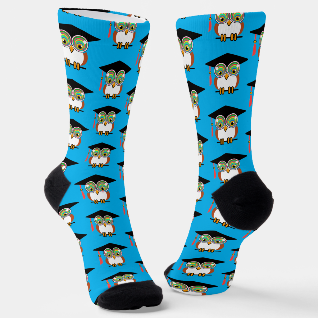 Zazzle Graduation Owl on Blue Fun, Colorful Grad Outfit Socks (Angled)