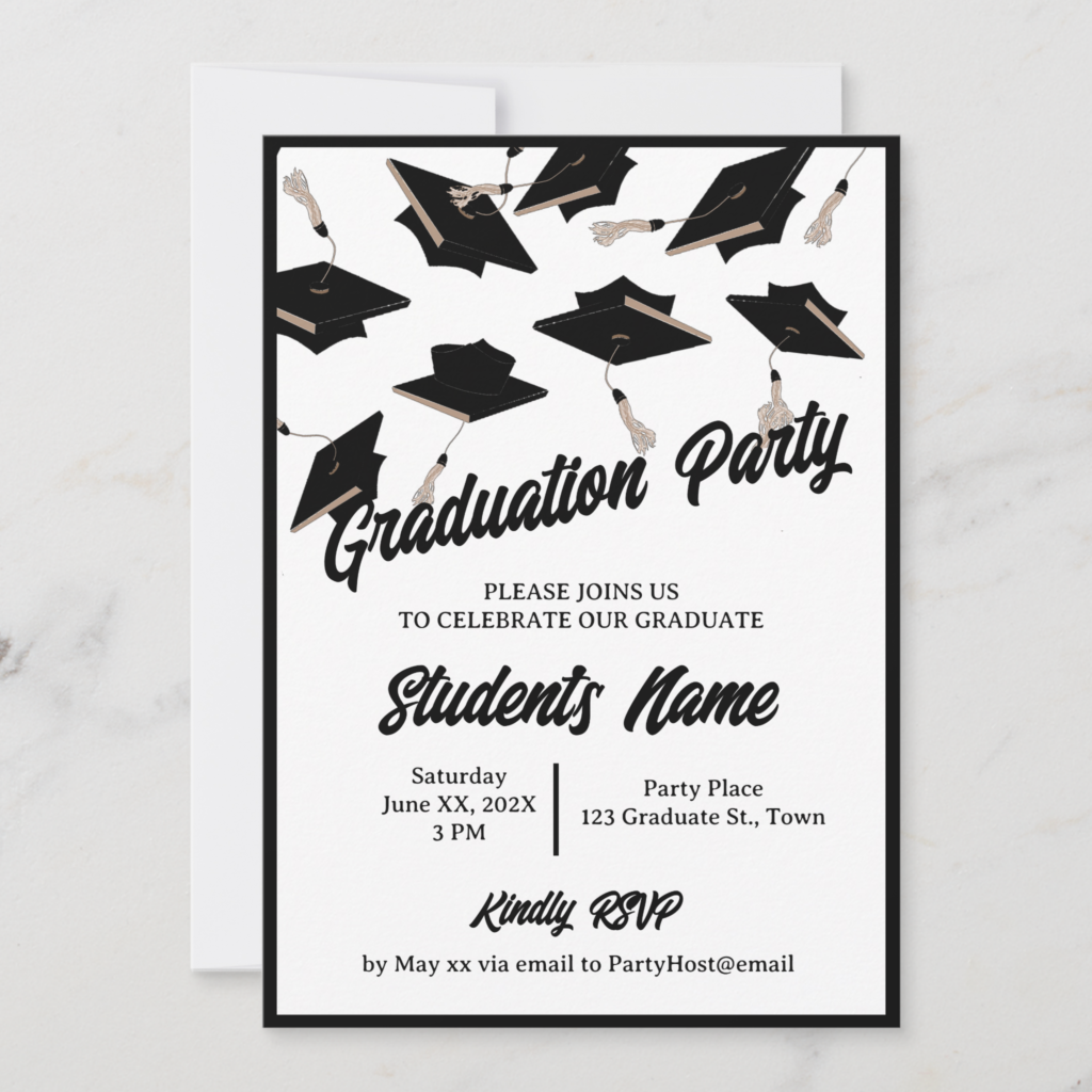 Zazzle Graduation Party Black and White Caps in the Air Invitation (Front)