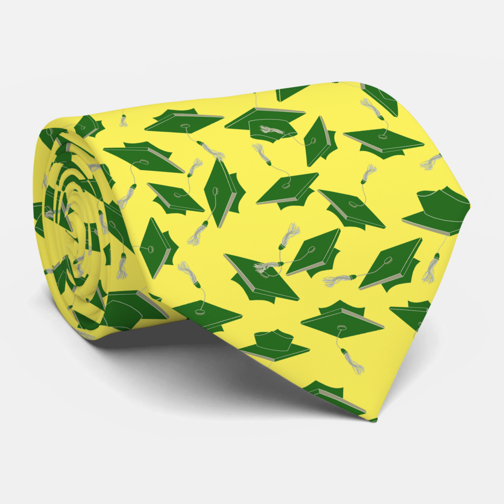 Zazzle Green Graduation Caps Tossed in the Air on Yellow Neck Tie (Rolled)