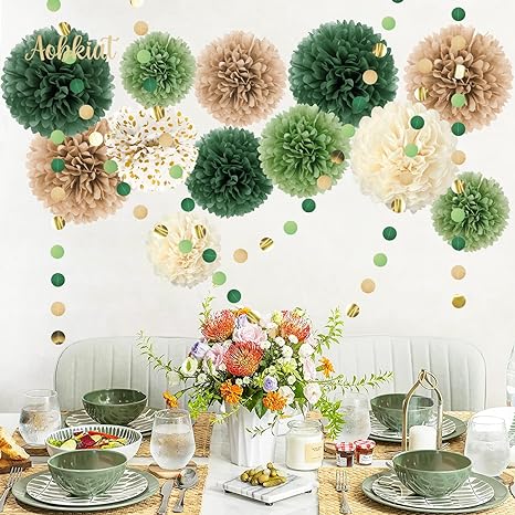 Wedding Party Decorations Set15PCS Green Tissue Paper Pom Poms Dots Paper Garland String Hanging Backdrop