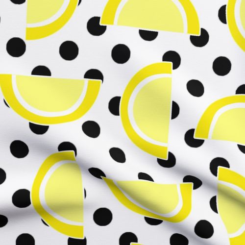 Lemon Yellow Candy Fruit Slices on Black and White Polka Dots Fabric