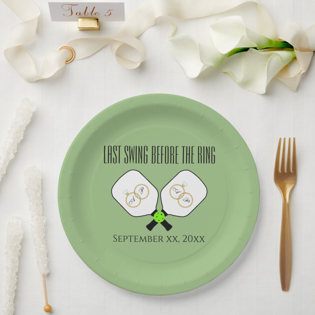 Zazzle Last Swing Before the Ring Wedding Pickleball Sage Paper Plates (Wedding)