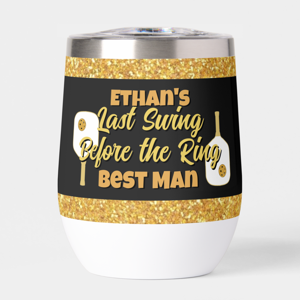 Zazzle Pickleball Bachelor Party Black Gold Personalized Thermal Wine Tumbler (Front)