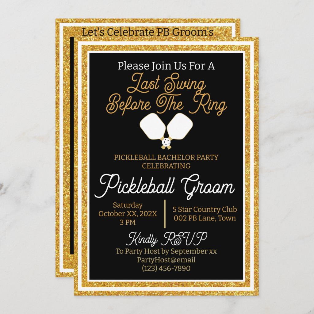 Zazzle Pickleball Bachelor Party Black and Gold Glitter Invitation (Front Back)