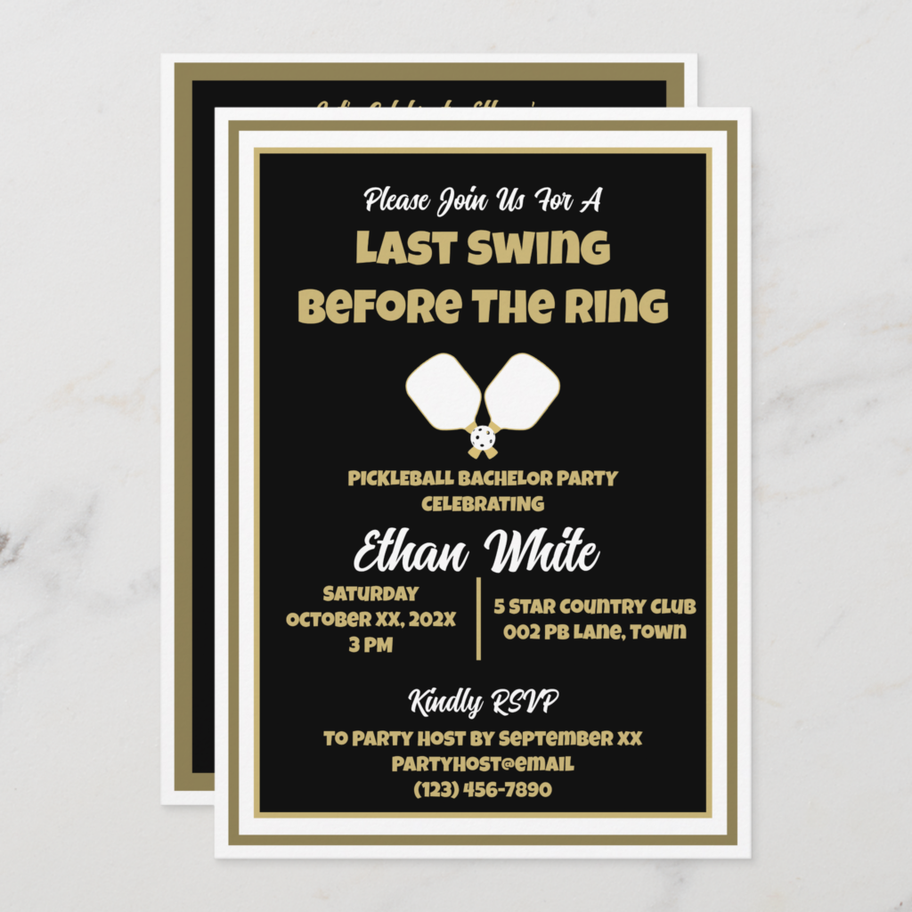 Zazzle Pickleball Wedding Bachelor Party Black and Gold Invitation (Front Back)