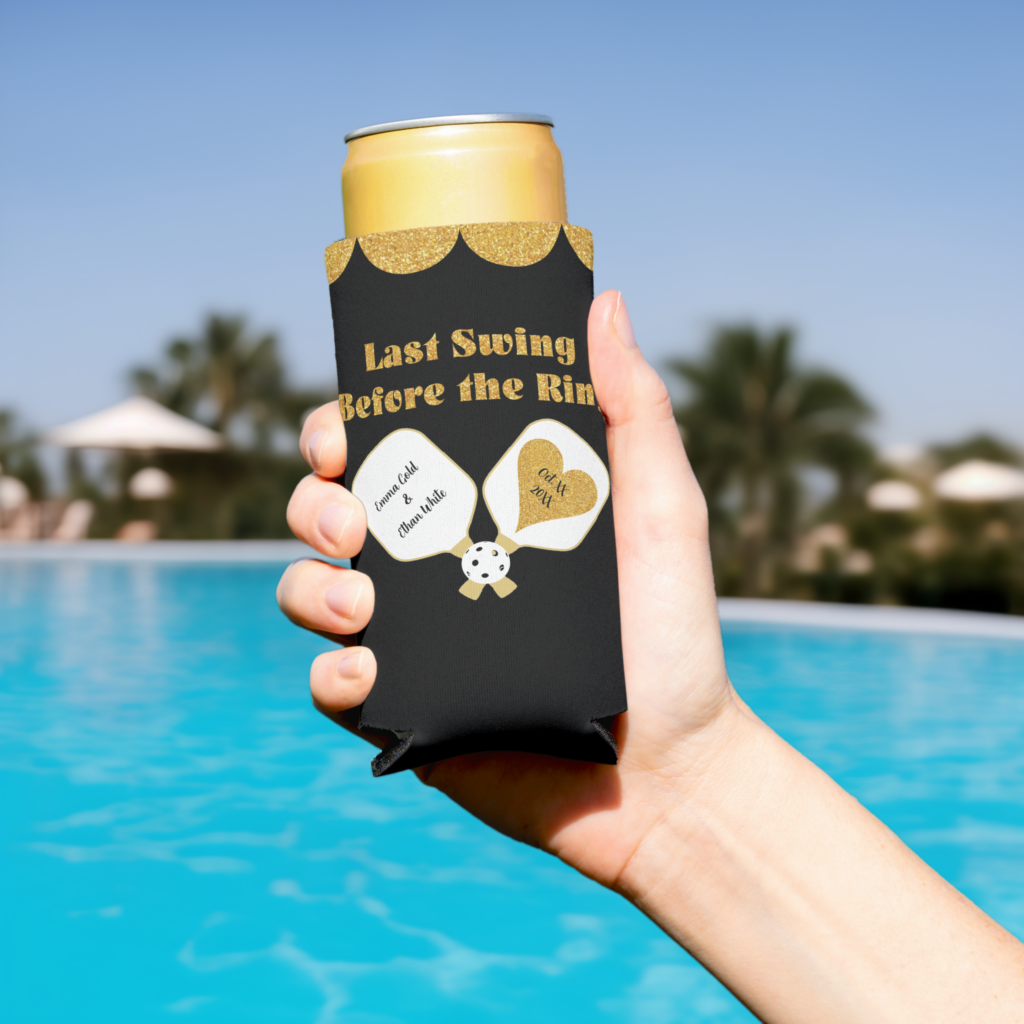 Zazzle Pickleball Wedding Black and Gold Personalized Seltzer Can Cooler (In Situ Pool)