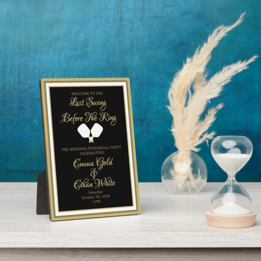 Zazzle Wedding Weekend Activity Pickleball Black & Gold Plaque (Side)