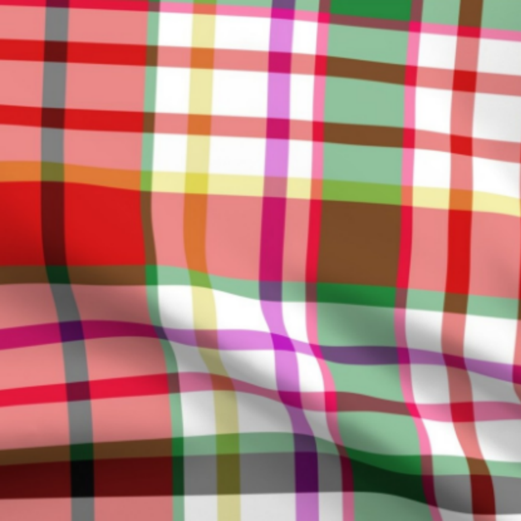 Red, Green, Black, Yellow, Purple, Hot Pink, On White Plaid Fabric