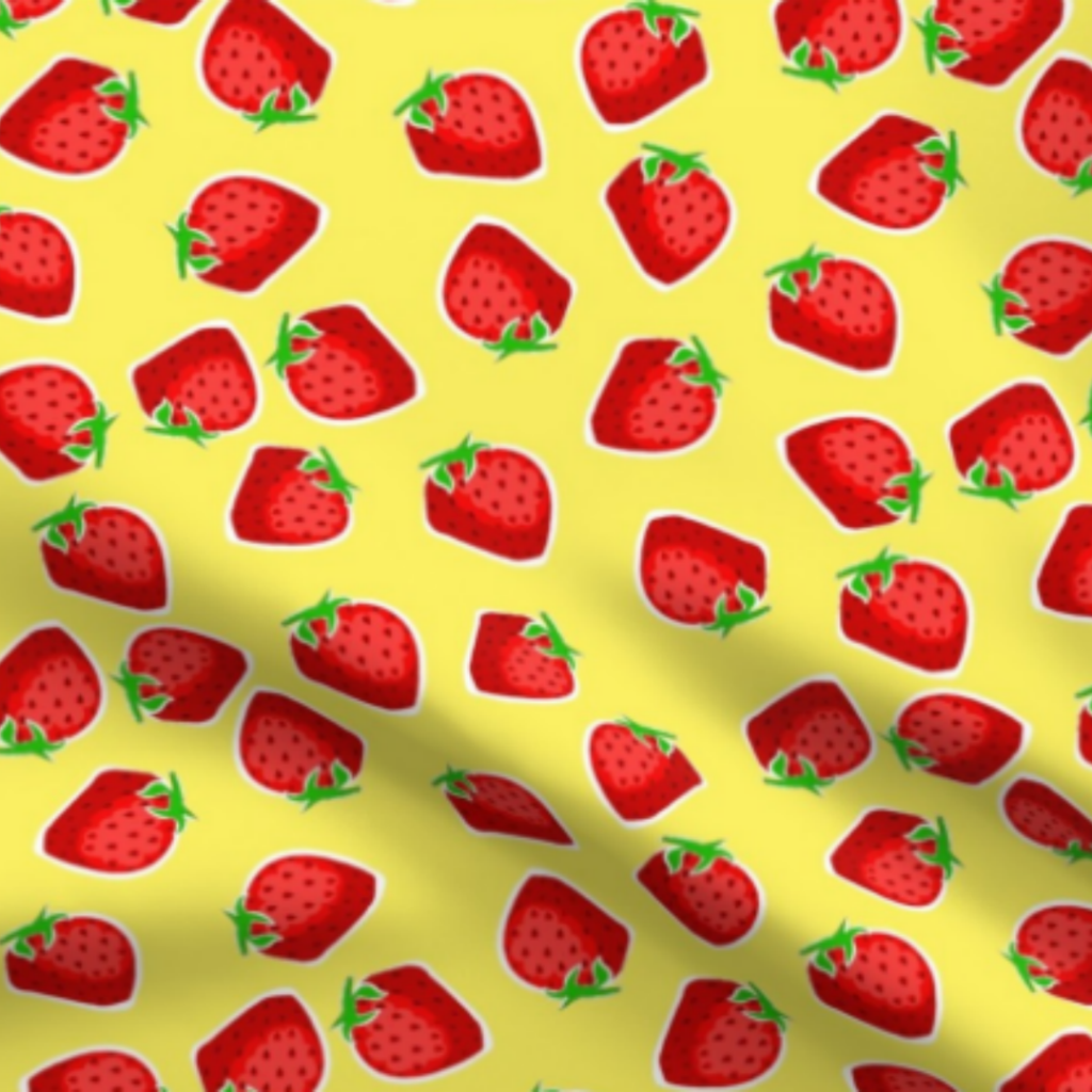 Strawberries Super Fun Red and Green Fruit Design on Yellow Fabric