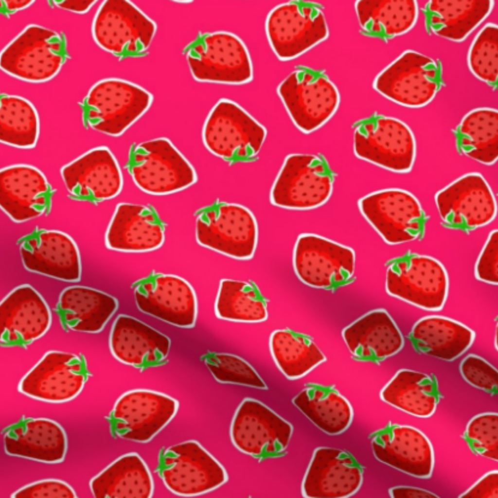 Strawberry Cartoon Fruits On Hot Pink White Outline Fabric