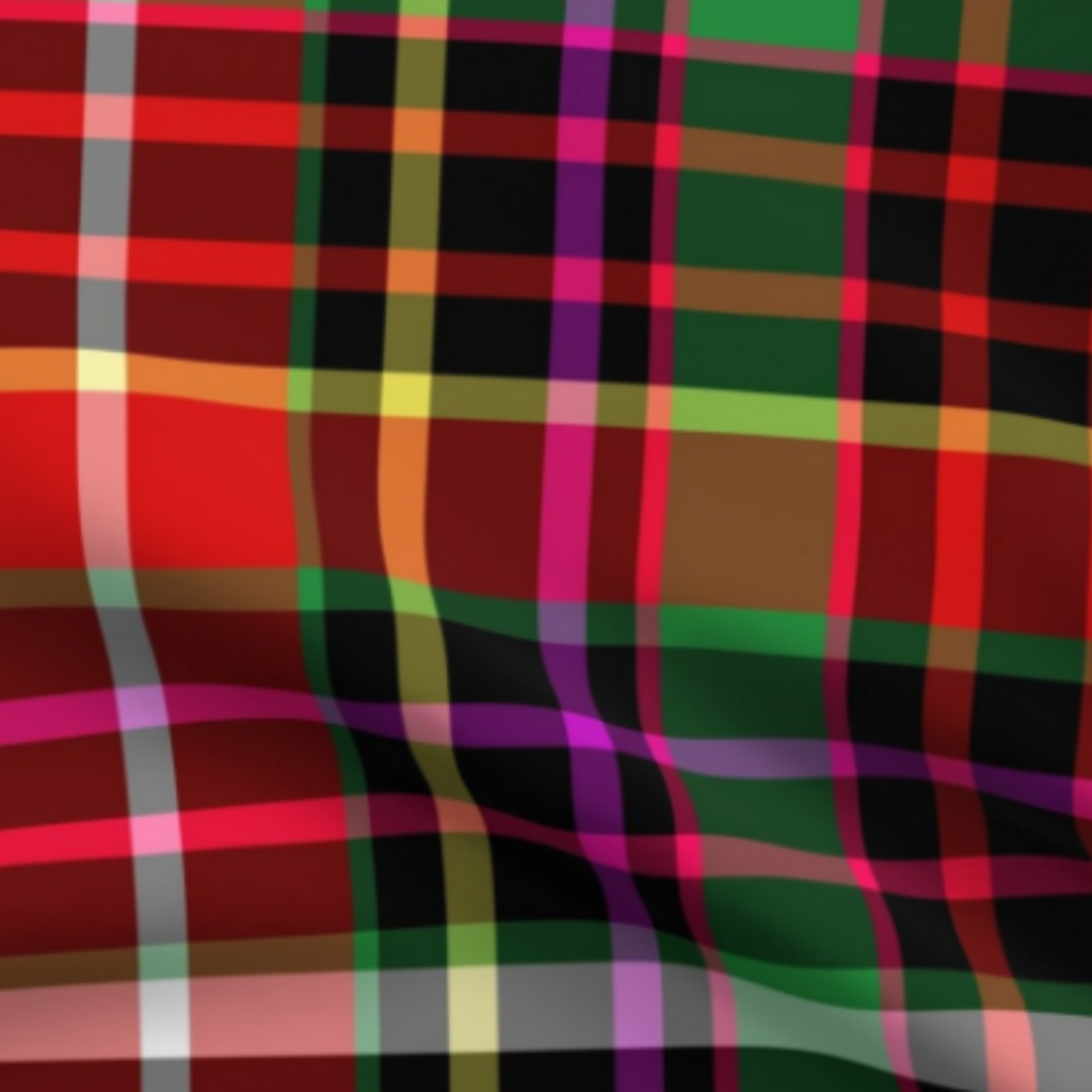 Strawberry Plaid Red, Green, White, Yellow, Purple, Hot Pink, On Black Plaid Fabric