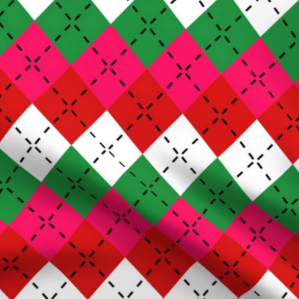 Strawberry Red, Green, And Hot Pink Argyle with Black Stitching Fabric