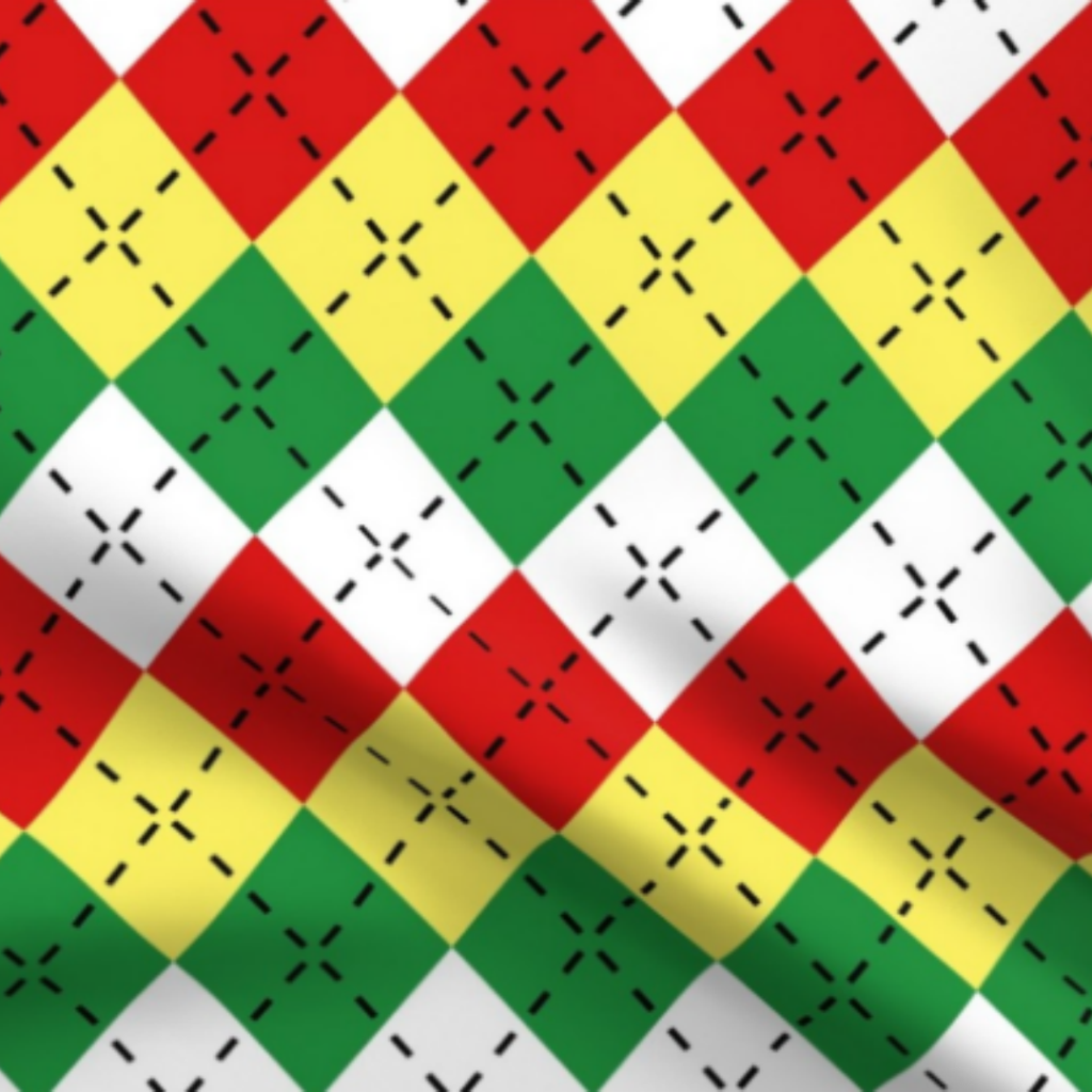 Strawberry Red, Green, White And Yellow Argyle with Black Stitching Fabric