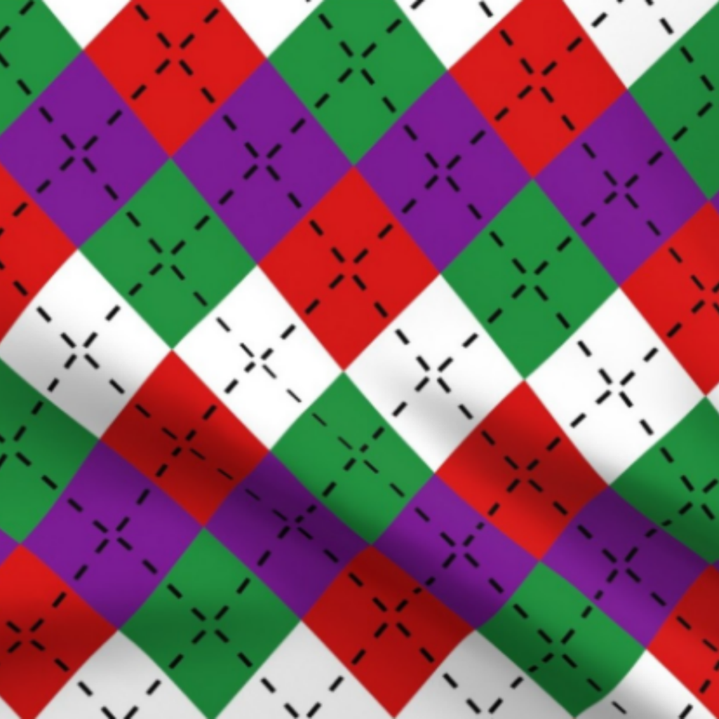 Strawberry Red, Green, White and Purple Argyle with Black Stitching Fabric