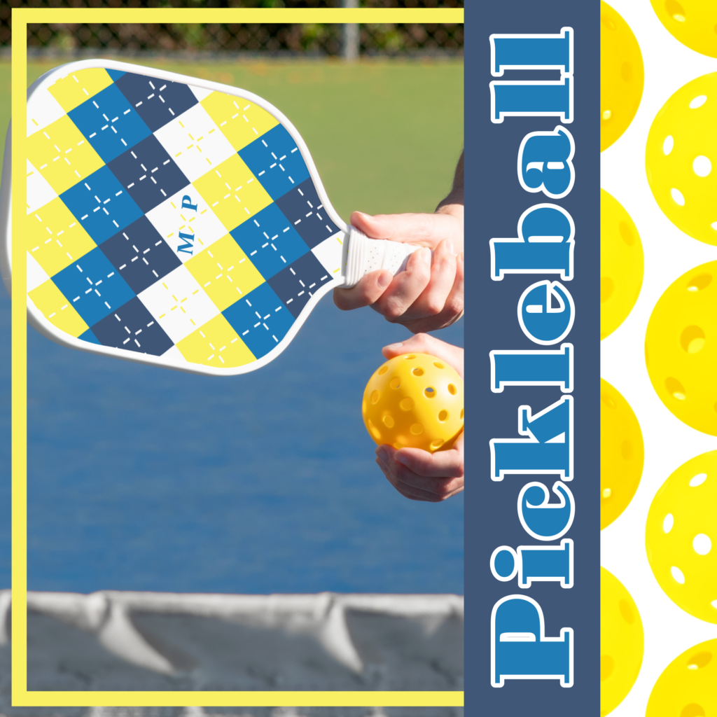 Zazzle Navy Blue, Sky Blue, Lemon Yellow and White Argyle Pickleball Paddle (Insitu) x