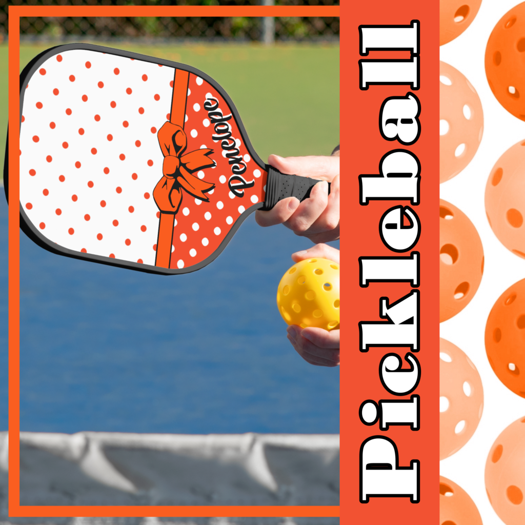 Zazzle Orange, White Polka Dots, Orange Bow, Personalized Pickleball Paddle (Insitu) media