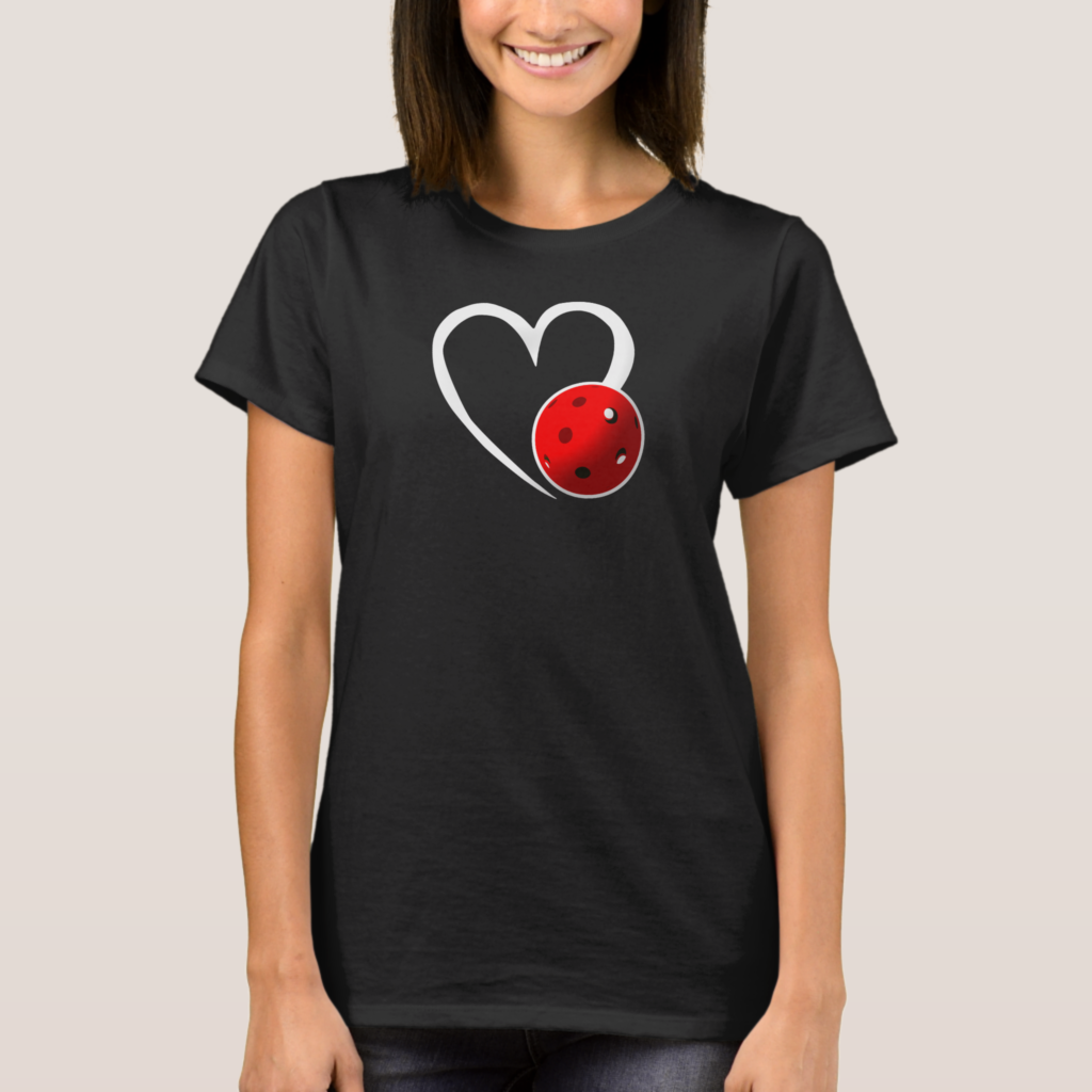 Zazzle Pickleball Love White Heart Red Pickleball T Shirt (Front)