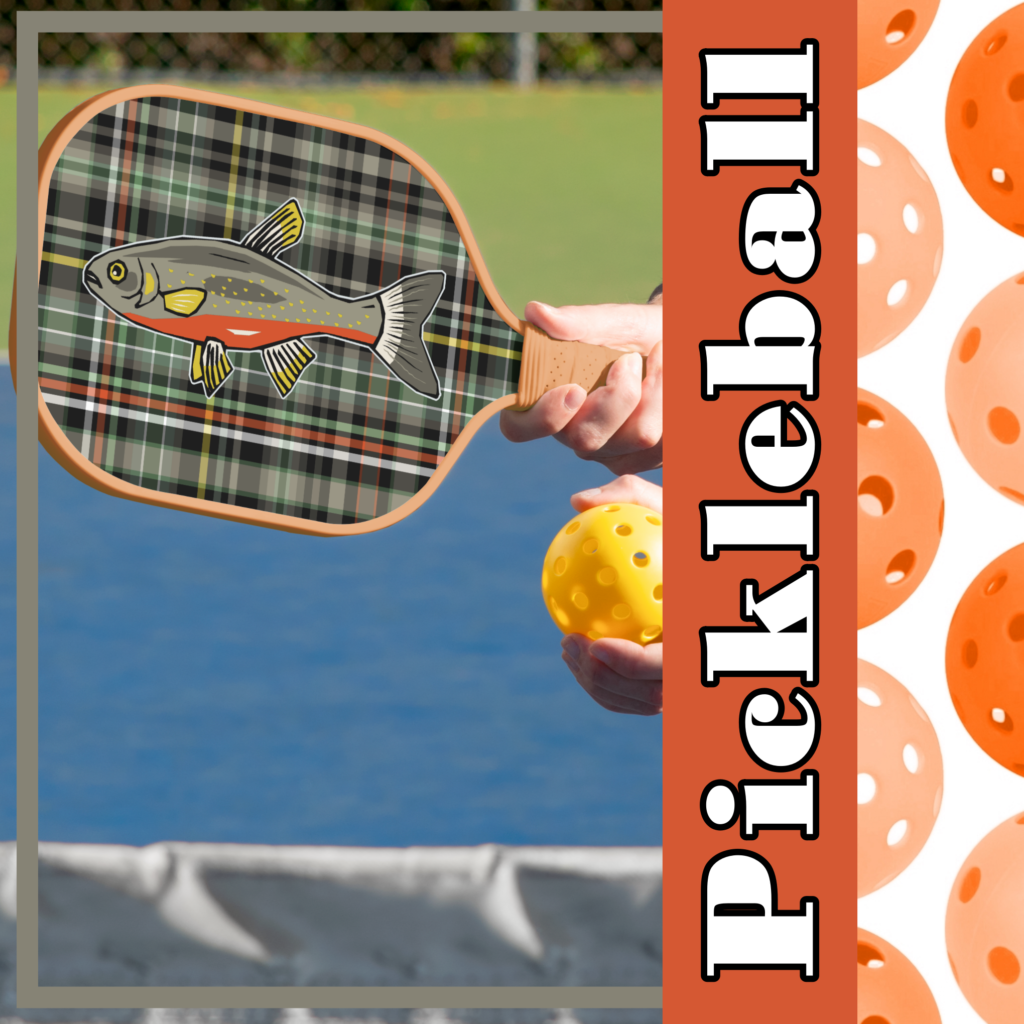 Zazzle Plaid Gray Orange Yellow Green Black White Trout Pickleball Paddle (Insitu) media