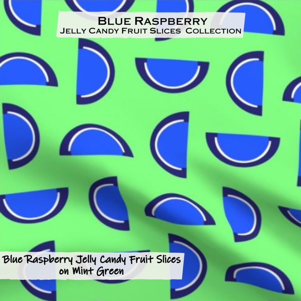 Blue Raspberry Jelly Candy Fruit Slices on Mint Green Fabric