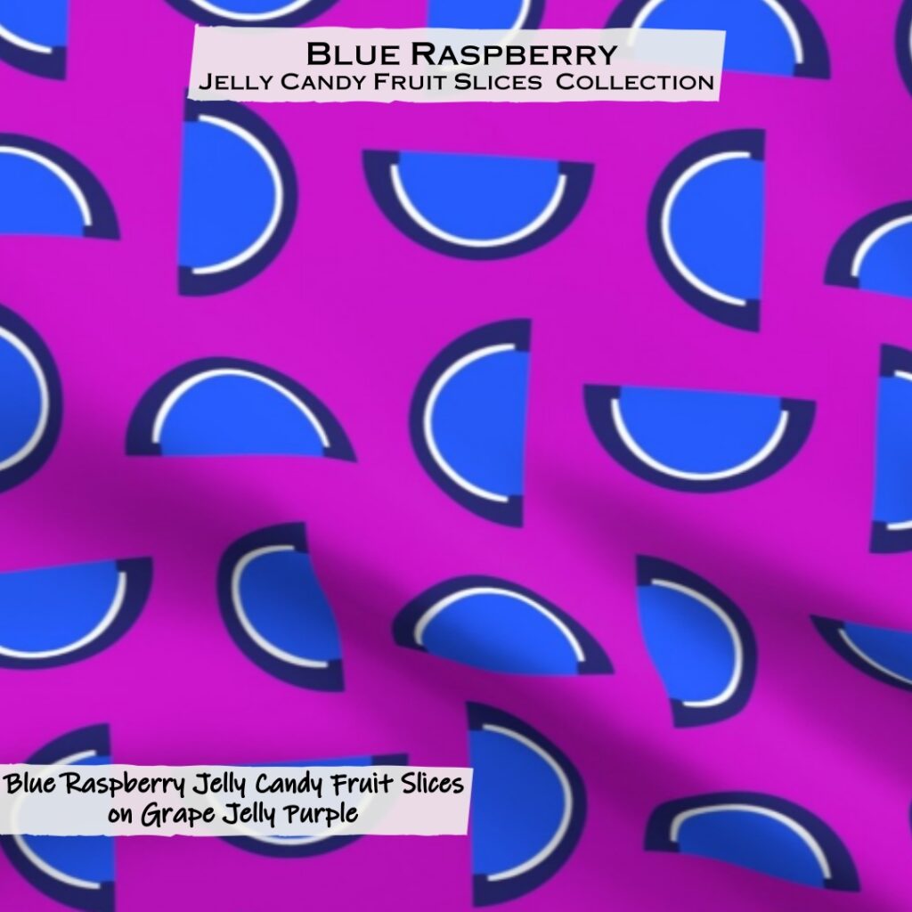 Blue Raspberry Jelly Candy Fruit Slices on on Grape Jelly Purple Fabric