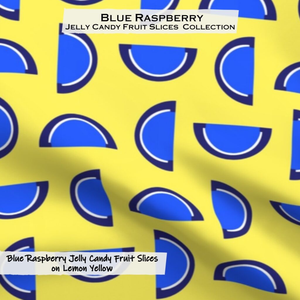 Blue Raspberry Jelly Candy Fruit Slices on on Lemon Yellow Fabric